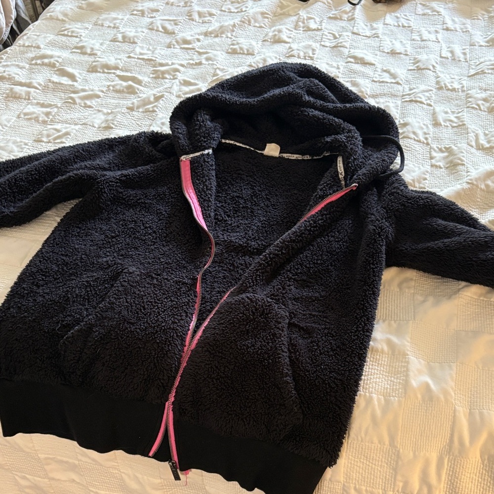 Roxy Cozy Black Sherpa Hoodie with‎ Pink Zipper size large